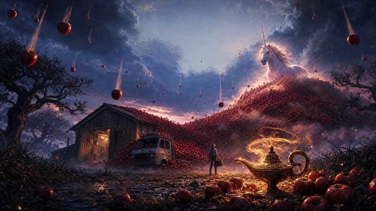 Apple Picker — a hungry bird, an apple mountain, a unicorn and a genie lamp under a stormy sky